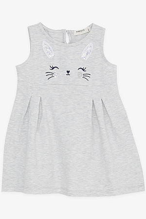 Kız Çocuk Elbise Nakışlı Pullu Sevimli Kedicik Baskılı Açık Gri Melanj (1.5-5 Yaş)