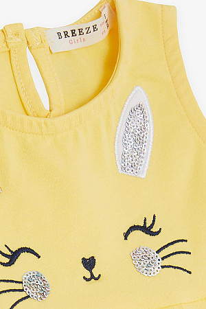 Kız Çocuk Elbise Nakışlı Pullu Sevimli Kedicik Baskılı Sarı (1.5-5 Yaş)