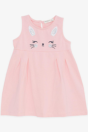 Kız Çocuk Elbise Nakışlı Pullu Sevimli Kedicik Baskılı Pembe (1.5-5 Yaş)