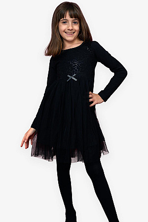 Kız Çocuk Elbise Pullu Fiyonklu Tüllü Siyah (4-9 Yaş)