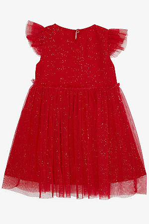 Kız Çocuk Elbise Simli Tüllü Fırfırlı Kırmızı (3-7 Yaş)