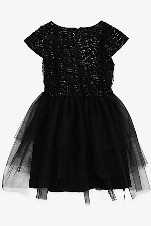 Kız Çocuk Elbise Tüllü Fiyonklu Pullu Siyah (5-10 Yaş)