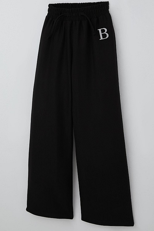 Kız Çocuk Eşofman Altı Simli B Harfi Armalı Bağcık Aksesuarlı Siyah (8-14 Yaş)