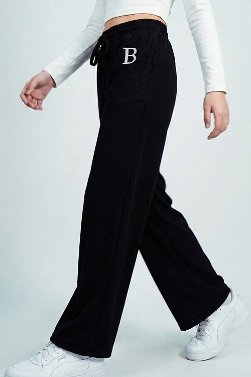 Kız Çocuk Eşofman Altı Simli B Harfi Armalı Bağcık Aksesuarlı Siyah (8-14 Yaş)