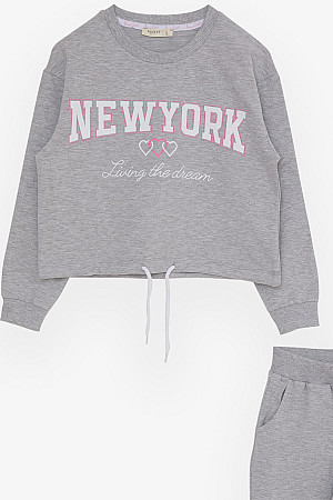 Girl&#39;s Tracksuit Set Lace Up Text Printed Gray Melange (Ages 8-14)