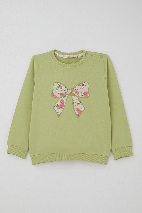 Kız Çocuk Eşofman Takımı Fiyonk Baskılı Pantolonu Çiçek Desenli Fıstık Yeşili (1.5-5 Yaş)