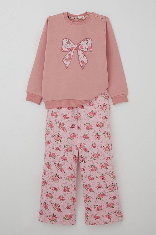 Kız Çocuk Eşofman Takımı Fiyonk Baskılı Pantolonu Çiçek Desenli Gülkurusu (1.5-5 Yaş)