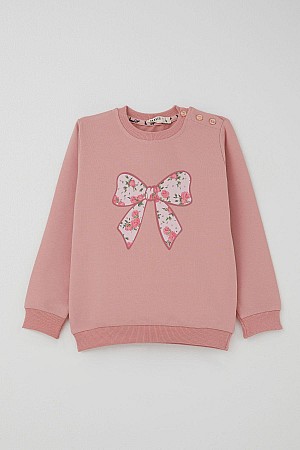 Girls' Tracksuit Set with Bow Print Pants and Floral Pattern, Rose Pink (1.5-5 Years)