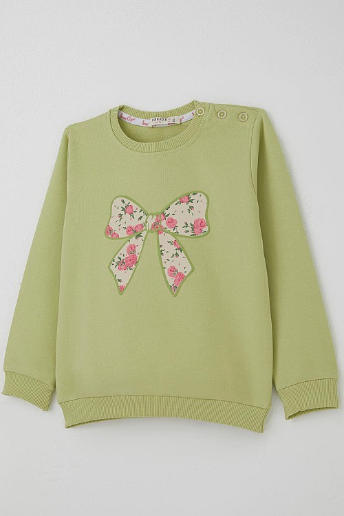 Kız Çocuk Eşofman Takımı Fiyonk Baskılı Pantolonu Çiçek Desenli Fıstık Yeşili (1.5-5 Yaş)