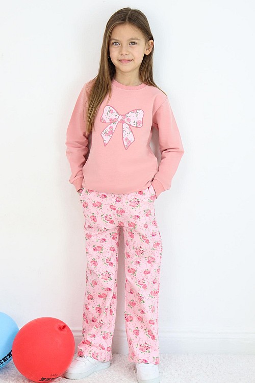 Kız Çocuk Eşofman Takımı Fiyonk Baskılı Pantolonu Çiçek Desenli Gülkurusu (1.5-5 Yaş)