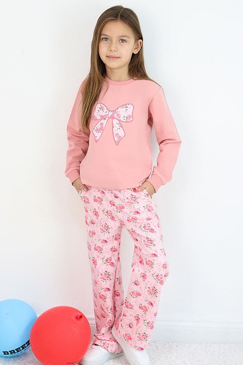 Kız Çocuk Eşofman Takımı Fiyonk Baskılı Pantolonu Çiçek Desenli Gülkurusu (1.5-5 Yaş)