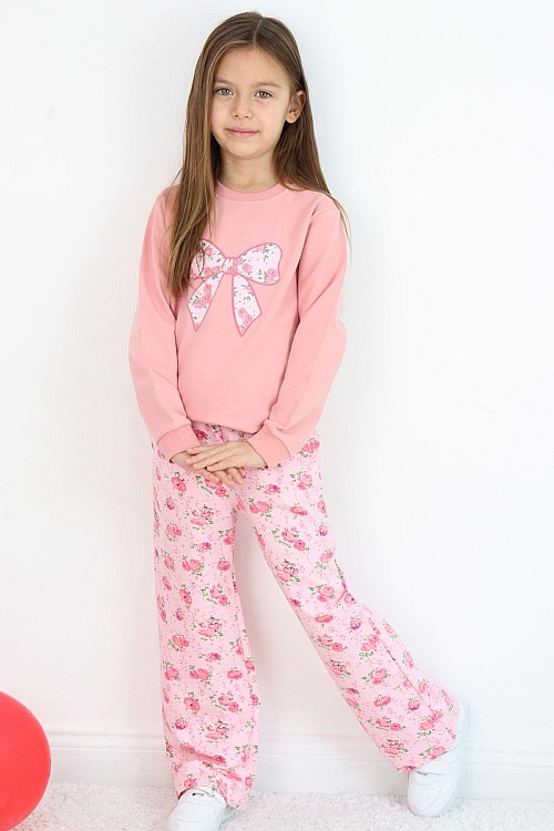 Kız Çocuk Eşofman Takımı Fiyonk Baskılı Pantolonu Çiçek Desenli Gülkurusu (1.5-5 Yaş)