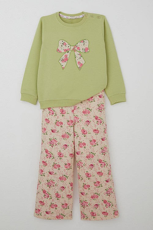 Kız Çocuk Eşofman Takımı Fiyonk Baskılı Pantolonu Çiçek Desenli Fıstık Yeşili (1.5-5 Yaş)
