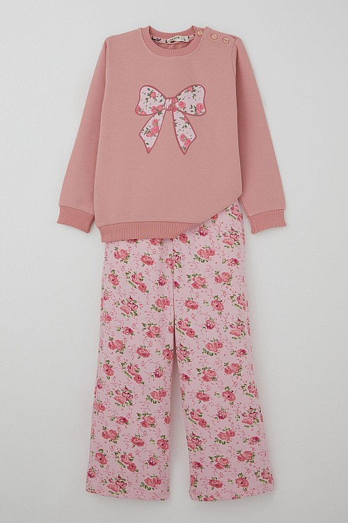 Kız Çocuk Eşofman Takımı Fiyonk Baskılı Pantolonu Çiçek Desenli Gülkurusu (1.5-5 Yaş)