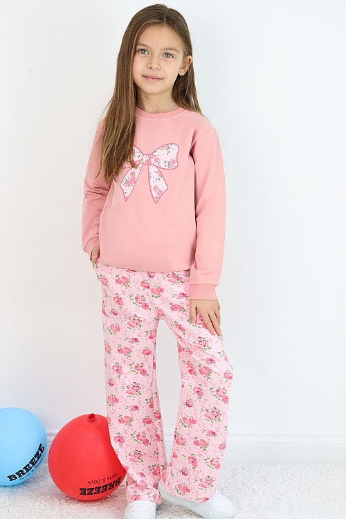 Kız Çocuk Eşofman Takımı Fiyonk Baskılı Pantolonu Çiçek Desenli Gülkurusu (1.5-5 Yaş)