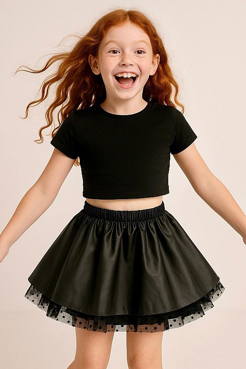Kız Çocuk Etek Deri Tüllü Siyah (3-7 Yaş)