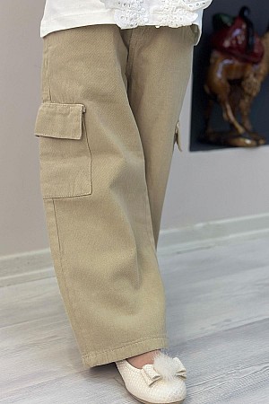 Kız Çocuk Gabardin Pantolon Kargo Cep Detaylı Haki Yeşil (5-14 Yaş)