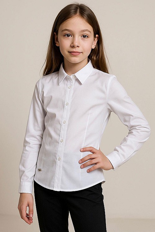 Kız Çocuk Gömlek Belden Oturtma Düğmeli Arma Detaylı Beyaz (8-12 Yaş)