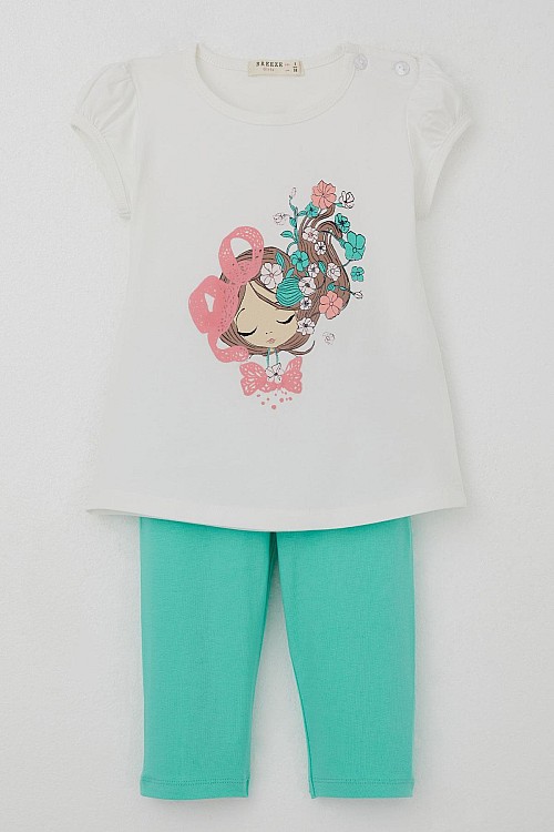 Kız Çocuk Kapri Taytlı Takım Çiçekli Kız Baskılı Ekru (1.5-5 Yaş)