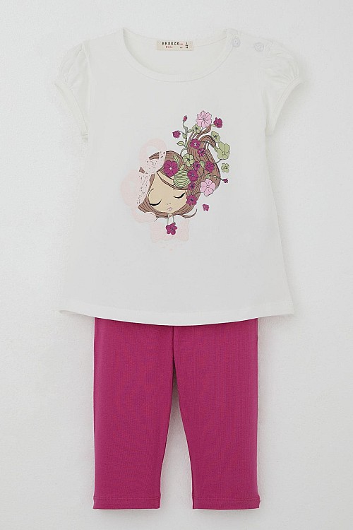 Kız Çocuk Kapri Taytlı Takım Çiçekli Kız Baskılı Ekru (1.5-5 Yaş)
