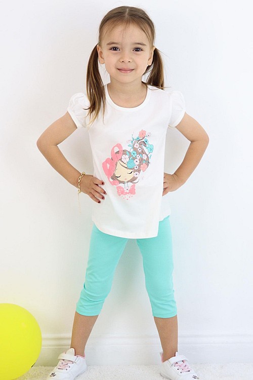 Kız Çocuk Kapri Taytlı Takım Çiçekli Kız Baskılı Ekru (1.5-5 Yaş)