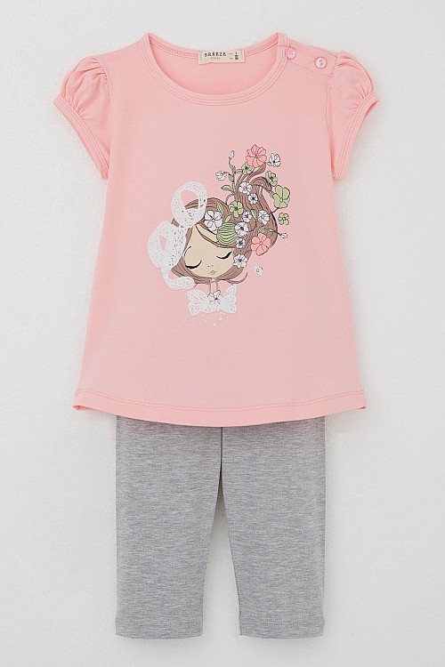 Kız Çocuk Kapri Taytlı Takım Çiçekli Kız Baskılı Pembe (1.5-5 Yaş)