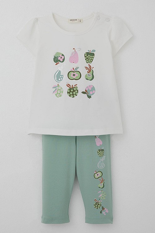 Kız Çocuk Kapri Taytlı Takım Sevimli Meyveler Baskılı Ekru (1.5-5 Yaş)