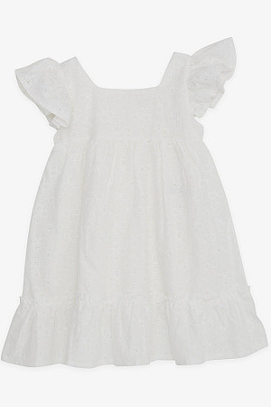Kız Çocuk Kısa Kollu Elbise Kare Yaka Çiçek Nakışlı Beyaz (2-6 Yaş)