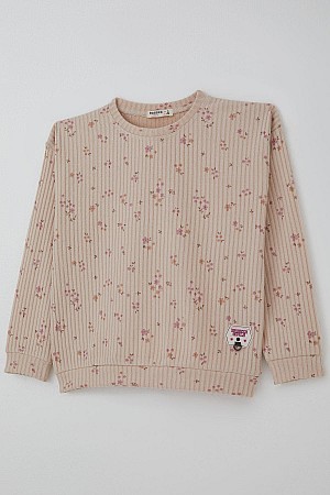 Kız Çocuk Pantolonlu Takım Çiçek Desenli Pembe Arma Aksesuar Detaylı Pudra (4-8 Yaş)