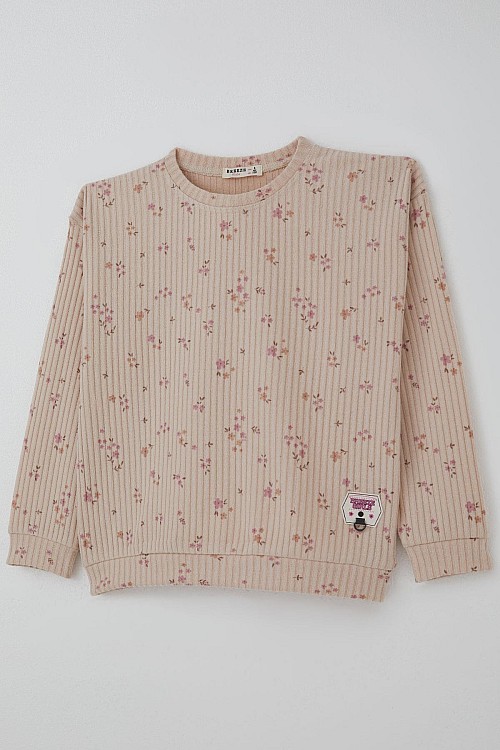 Kız Çocuk Pantolonlu Takım Çiçek Desenli Pembe Arma Aksesuar Detaylı Pudra (4-8 Yaş)