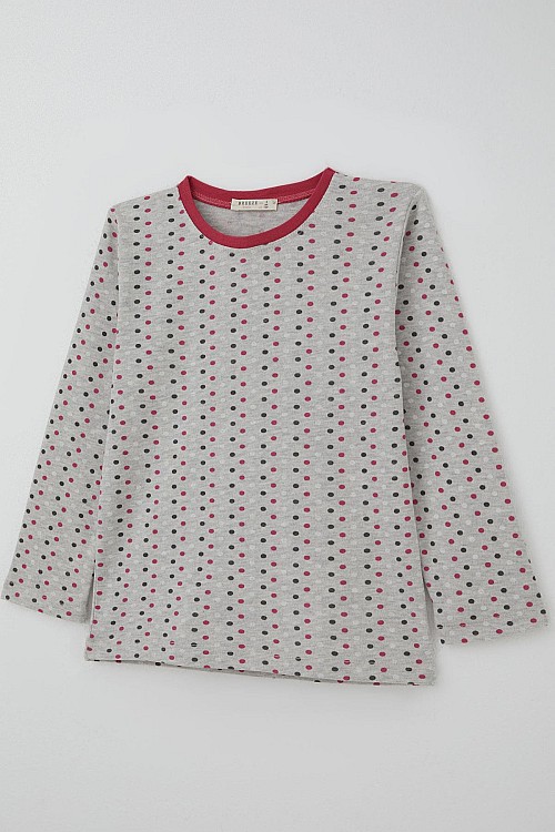 Kız Çocuk Pijama Takımı Renkli Puantiye Desenli Açık Gri Melanj (4-8 Yaş)