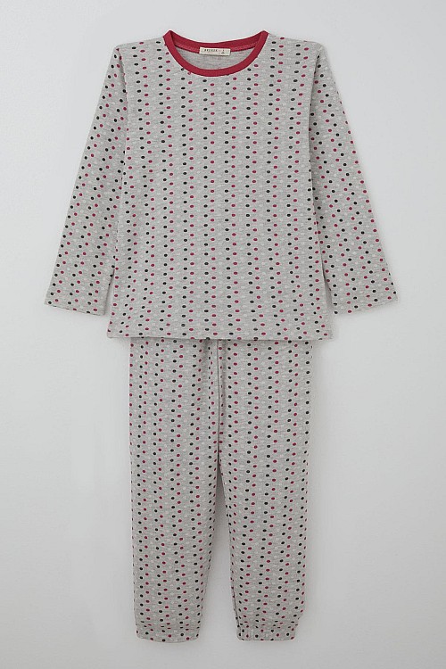 Kız Çocuk Pijama Takımı Renkli Puantiye Desenli Açık Gri Melanj (4-8 Yaş)