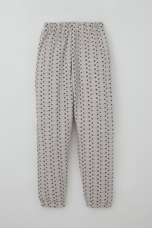 Kız Çocuk Pijama Takımı Renkli Puantiye Desenli Açık Gri Melanj (4-8 Yaş)