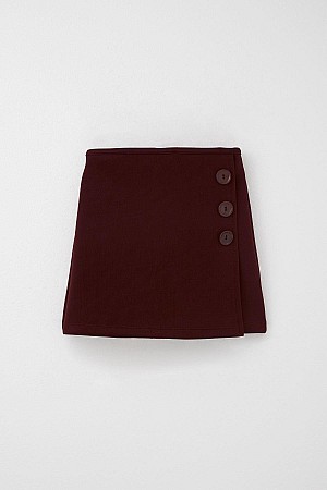 Girls' Short Skirt with Button Accessory, Elastic Waist, Burgundy (Ages 6-12)