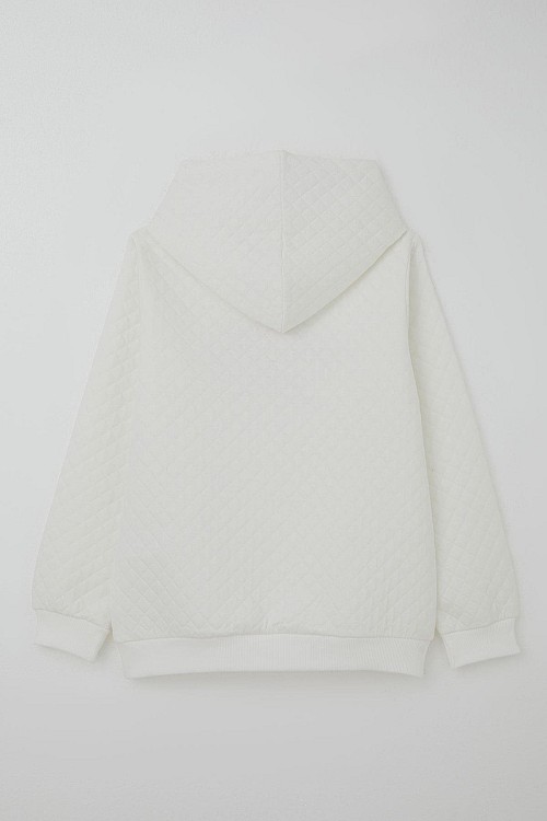 Kız Çocuk Sweatshirt Kapitone Desenli Kanguru Cepli Ekru (8-14 Yaş)