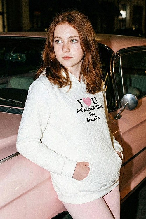 Kız Çocuk Sweatshirt Kapitone Desenli Kanguru Cepli Ekru (8-14 Yaş)