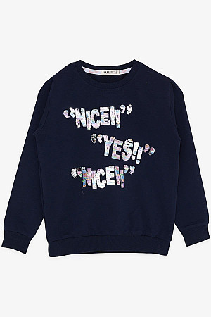 Girl&#39;s Sweatshirt Sequined Text Printed Navy Blue (Ages 8-14)