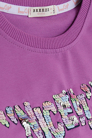 Girl&#39;s Sweatshirt Sequined Text Printed Lilac (Ages 8-14)