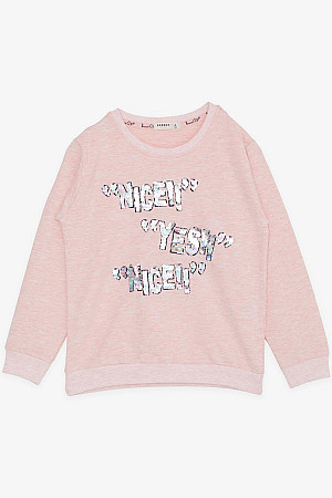 Girl&#39;s Sweatshirt Sequined Text Printed Salmon Melange (Ages 8-14)