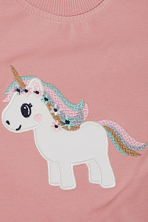 Kız Çocuk Sweatshirt Sevimli Unicorn Nakışlı Yıldızlı Gülkurusu (1.5-5 Yaş)