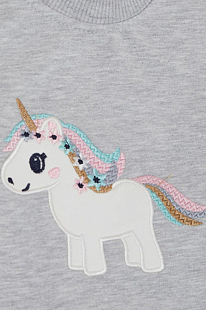 Kız Çocuk Sweatshirt Sevimli Unicorn Nakışlı Yıldızlı Açık Gri Melanj (1.5-5 Yaş)