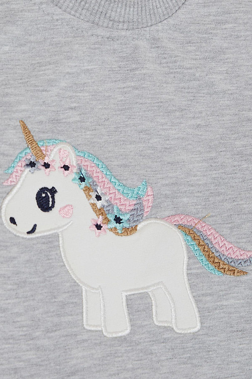 Kız Çocuk Sweatshirt Sevimli Unicorn Nakışlı Yıldızlı Açık Gri Melanj (1.5-5 Yaş)