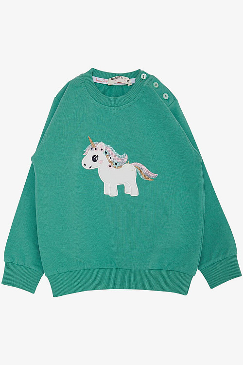 Kız Çocuk Sweatshirt Sevimli Unicorn Nakışlı Yıldızlı Yeşil (1.5-5 Yaş)