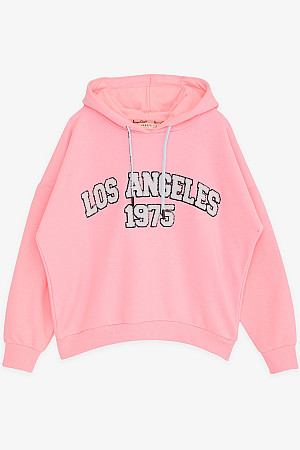 Girl&#39;s Sweatshirt with Text Embroidery Neon Pink (Ages 9-14)