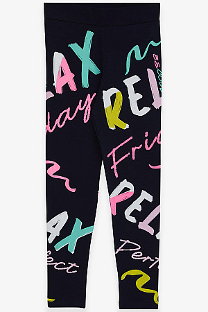 Girl&#39;s Tights Colorful Text Printed Navy Blue (Ages 8-14)
