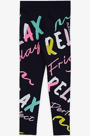 Girl&#39;s Tights Colorful Text Printed Navy Blue (Ages 8-14)
