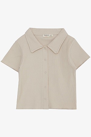 Girls T-Shirt Crop Snap Button Ribbed Beige (9-14 Years)