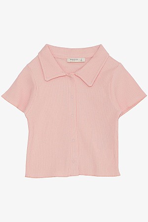 Girls T-Shirt Crop Snap Ribbed Salmon (9-14 Years)