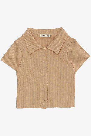 Girls T-Shirt Crop Snap Button Ribbed Dark Beige (9-14 Years)