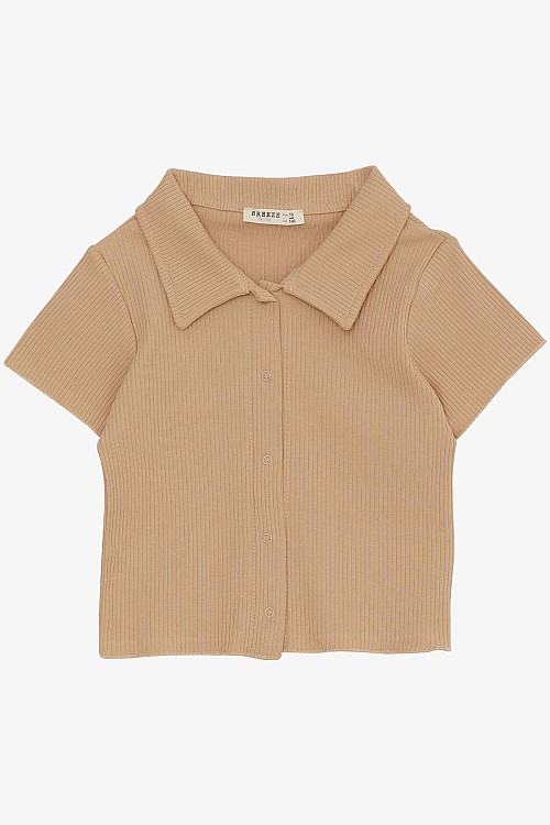 Kız Çocuk Tişört Crop Çıtçıtlı Fitilli Koyu Bej (9-14 Yaş)